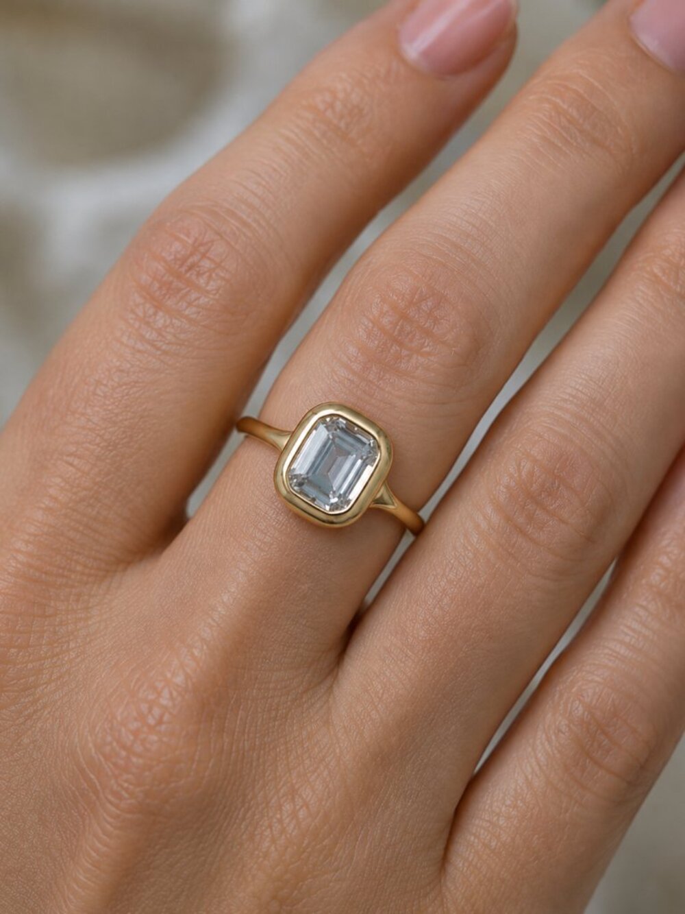 14K Gold Plated Brass Base Emerald Cut Stone in a Rounded Square Setting Size 9